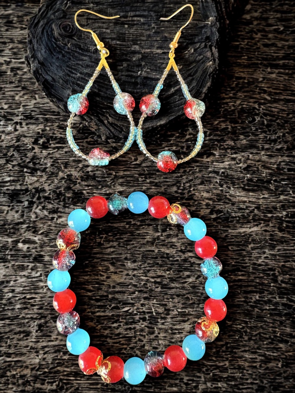Harmony of Fire and Water Earring and Bracelet set (Red and Blue)